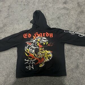 Ed Hardy Black Hoodie with tiger and Flame Design